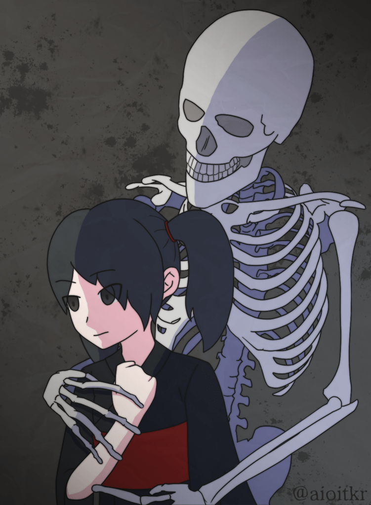 黒い着物と赤い帯を付けた黒髪ツインテールの女の子が骸骨に後ろから腕を回されている。女の子は無表情に見えて本当に少しだけ嫌そうな顔をしている。