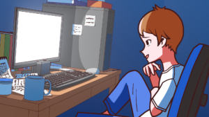 暗い部屋で、短髪の女の子がオフィスチェアにもたれ、ニヤけながらデスクトップパソコンを見ている。パソコンの周りには紙やコップ、文房具などが雑多に置かれている。