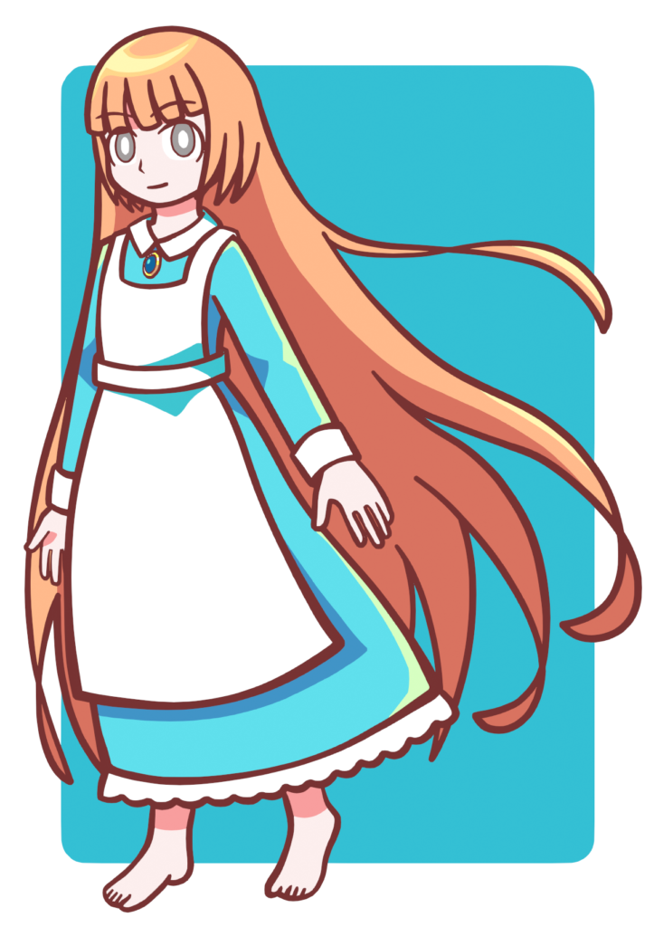 明るいオレンジ色の髪を持つ、地面につきそうな程長い長髪の女の子が立っている。水色のドレスに白いエプロンを着けている。